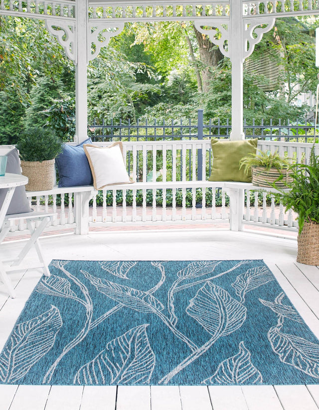 Teal 6' 1 x 9' Outdoor Botanical Rectangle Area Rug Weather Resistant for Patio, Deck, Terrace, Balcony, Porch