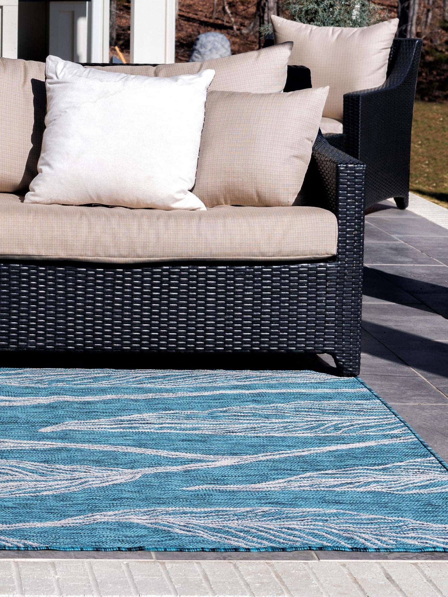 Teal 6' 1 x 9' Outdoor Botanical Rectangle Area Rug Weather Resistant for Patio, Deck, Terrace, Balcony, Porch Polypropylene Garden Floral Tropical Carpet for Sale at Rug Engine