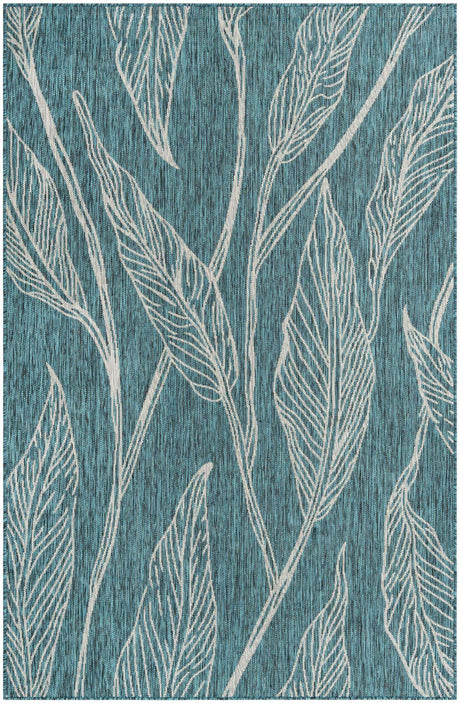 Teal 5' 3 x 8' Outdoor Botanical Rectangle Area Rug Weather Resistant for Patio, Deck, Terrace, Balcony, Porch