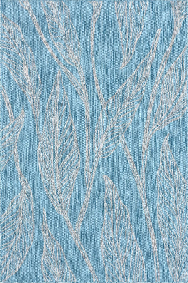 Light Aqua 6' 1 x 9' Outdoor Botanical Rectangle Area Rug Weather Resistant for Patio, Deck, Terrace, Balcony, Porch Polypropylene Garden Floral Tropical Carpet for Sale at Rug Engine