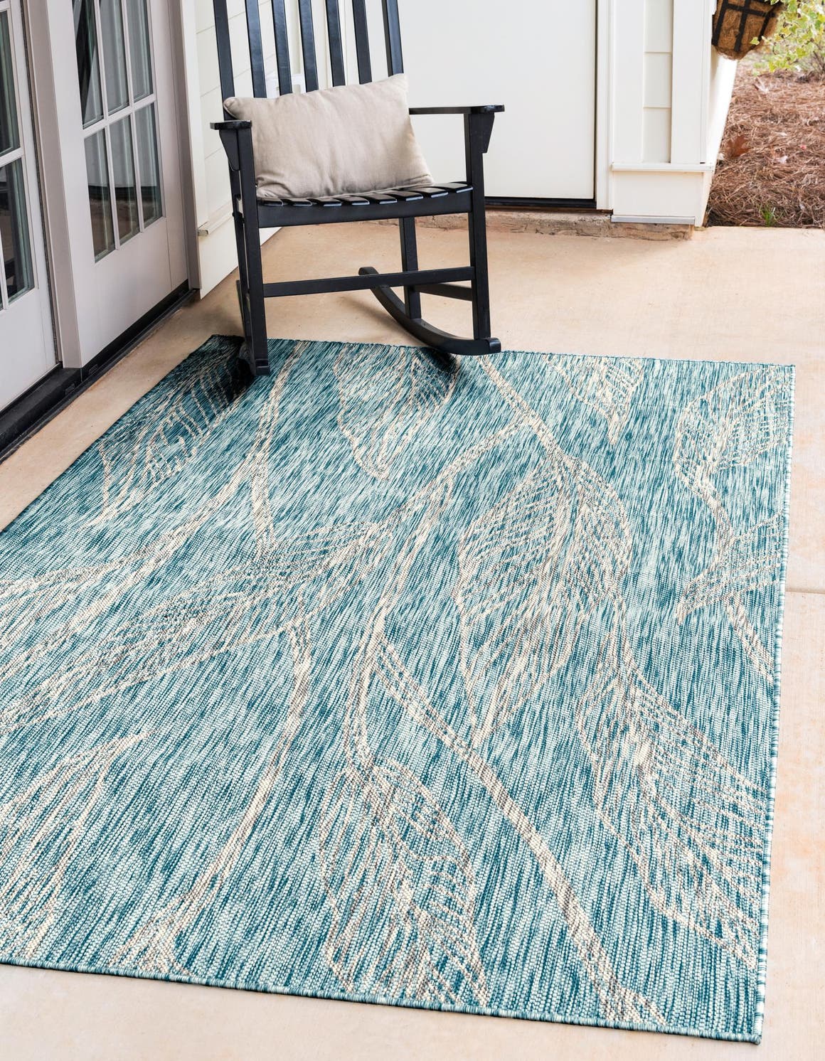 Light Aqua 6' 1 x 9' Outdoor Botanical Rectangle Area Rug Weather Resistant for Patio, Deck, Terrace, Balcony, Porch Polypropylene Garden Floral Tropical Carpet for Sale at Rug Engine