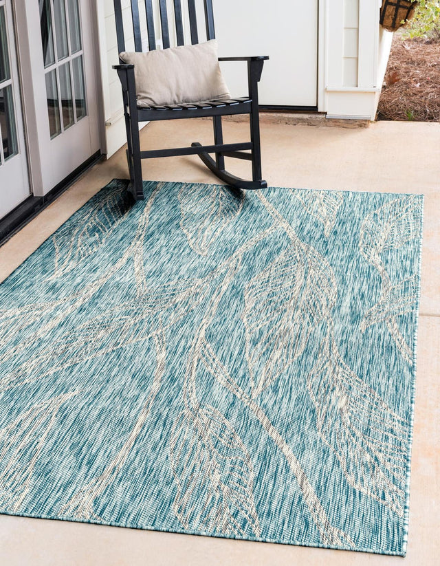 Light Aqua 6' 1 x 9' Outdoor Botanical Rectangle Area Rug Weather Resistant for Patio, Deck, Terrace, Balcony, Porch Polypropylene Garden Floral Tropical Carpet for Sale at Rug Engine