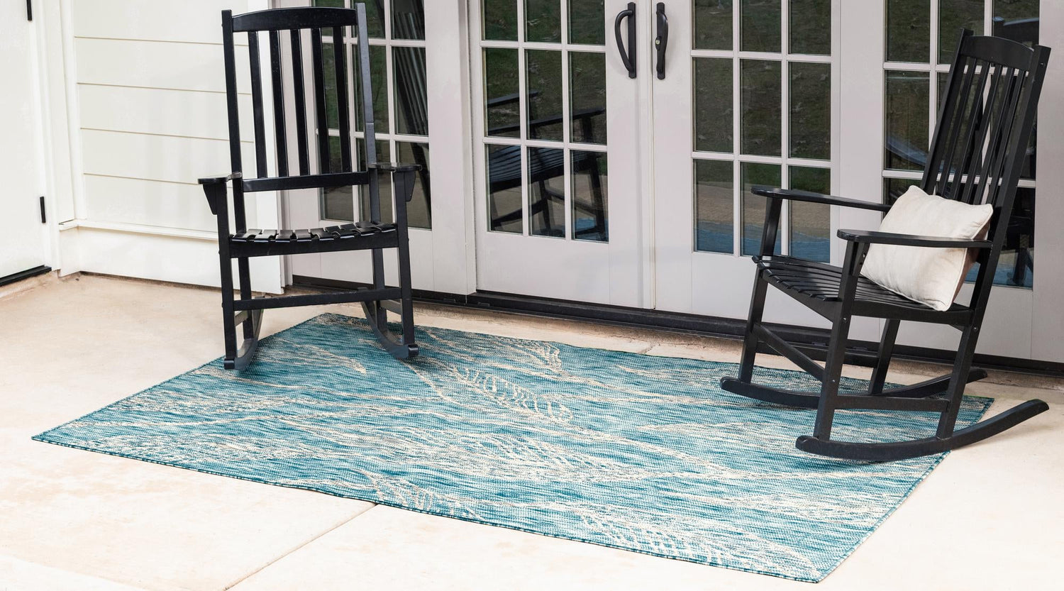 Light Aqua 4' 1 x 6' 1 Outdoor Botanical Rectangle Area Rug Weather Resistant for Patio, Deck, Terrace, Balcony, Porch Polypropylene Garden Floral Tropical Carpet for Sale at Rug Engine
