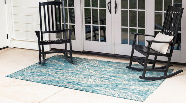 Light Aqua 7' 1 x 10' Outdoor Botanical Rectangle Area Rug Weather Resistant for Patio, Deck, Terrace, Balcony, Porch Polypropylene Garden Floral Tropical Carpet for Sale at Rug Engine