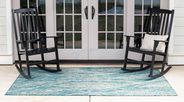 Light Aqua 7' 1 x 10' Outdoor Botanical Rectangle Area Rug Weather Resistant for Patio, Deck, Terrace, Balcony, Porch Polypropylene Garden Floral Tropical Carpet for Sale at Rug Engine