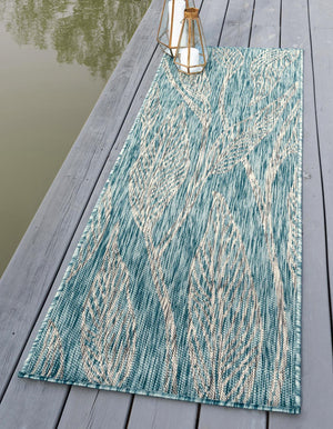 Light Aqua 2' x 6' 1 Outdoor Botanical Runner Area Rug Weather Resistant for Patio, Deck, Terrace, Balcony, Porch Polypropylene Garden Floral Tropical Carpet for Sale at Rug Engine