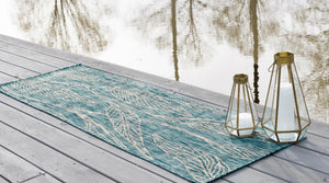 Light Aqua 2' x 6' 1 Outdoor Botanical Runner Area Rug Weather Resistant for Patio, Deck, Terrace, Balcony, Porch Polypropylene Garden Floral Tropical Carpet for Sale at Rug Engine