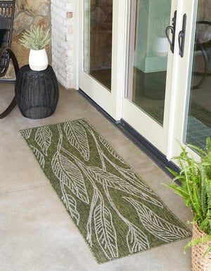 Green 2' x 6' 1 Outdoor Botanical Runner Area Rug Weather Resistant for Patio, Deck, Terrace, Balcony, Porch Polypropylene Garden Floral Tropical Carpet for Sale at Rug Engine