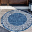 Blue 4' 1 x 4' 1 Outdoor Border Round Area Rug Weather Resistant for Patio, Deck, Terrace, Balcony, Porch 100% Polypropylene Classic Bordered Carpet for Sale at Rug Engine
