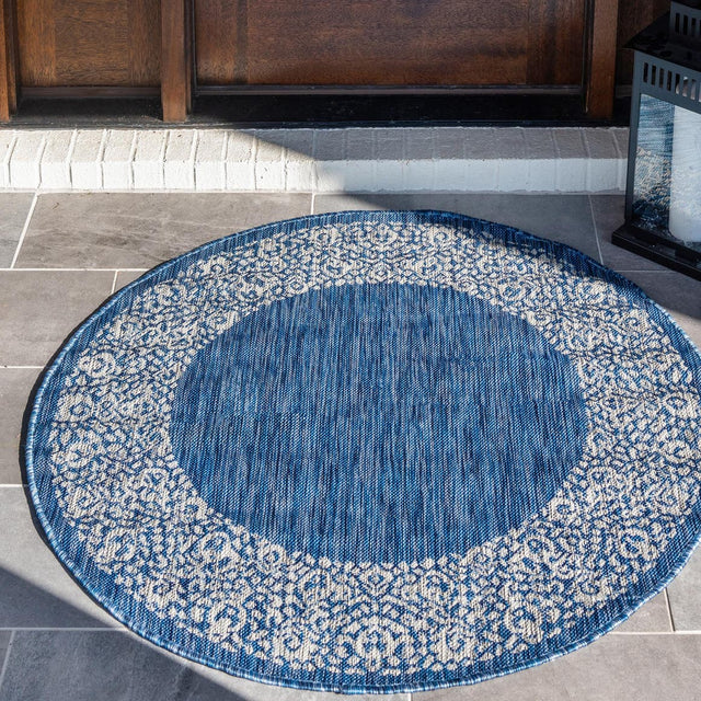 Blue 10' 8 x 10' 8 Outdoor Border Round Area Rug Weather Resistant for Patio, Deck, Terrace, Balcony, Porch 100% Polypropylene Classic Bordered Carpet for Sale at Rug Engine