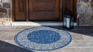 Blue 13' 1 x 13' 1 Outdoor Border Round Area Rug Weather Resistant for Patio, Deck, Terrace, Balcony, Porch 100% Polypropylene Classic Bordered Carpet for Sale at Rug Engine
