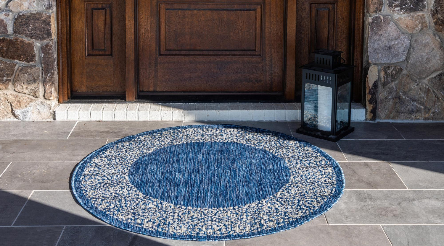 Blue 10' 8 x 10' 8 Outdoor Border Round Area Rug Weather Resistant for Patio, Deck, Terrace, Balcony, Porch 100% Polypropylene Classic Bordered Carpet for Sale at Rug Engine