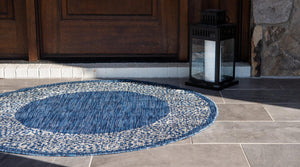 Blue 13' 1 x 13' 1 Outdoor Border Round Area Rug Weather Resistant for Patio, Deck, Terrace, Balcony, Porch 100% Polypropylene Classic Bordered Carpet for Sale at Rug Engine