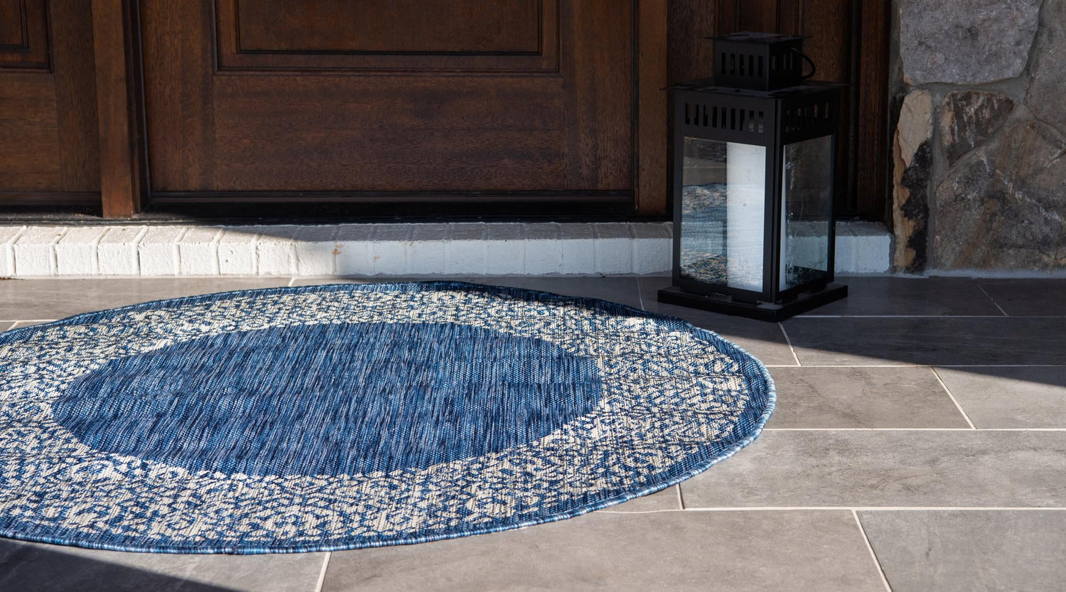 Blue 10' 8 x 10' 8 Outdoor Border Round Area Rug Weather Resistant for Patio, Deck, Terrace, Balcony, Porch 100% Polypropylene Classic Bordered Carpet for Sale at Rug Engine