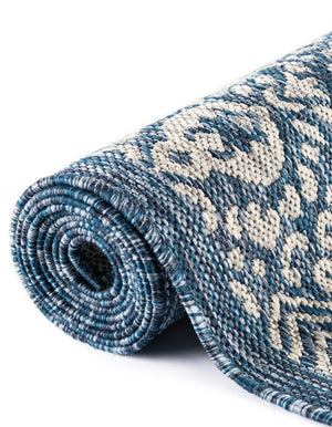 Blue 13' 1 x 13' 1 Outdoor Border Round Area Rug Weather Resistant for Patio, Deck, Terrace, Balcony, Porch 100% Polypropylene Classic Bordered Carpet for Sale at Rug Engine