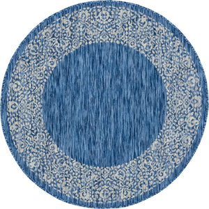 Blue 4' 1 x 4' 1 Outdoor Border Round Area Rug Weather Resistant for Patio, Deck, Terrace, Balcony, Porch 100% Polypropylene Classic Bordered Carpet for Sale at Rug Engine