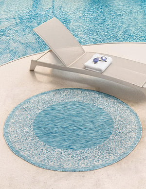 Aqua 4' 1 x 4' 1 Outdoor Border Round Area Rug Weather Resistant for Patio, Deck, Terrace, Balcony, Porch 100% Polypropylene Classic Bordered Carpet for Sale at Rug Engine