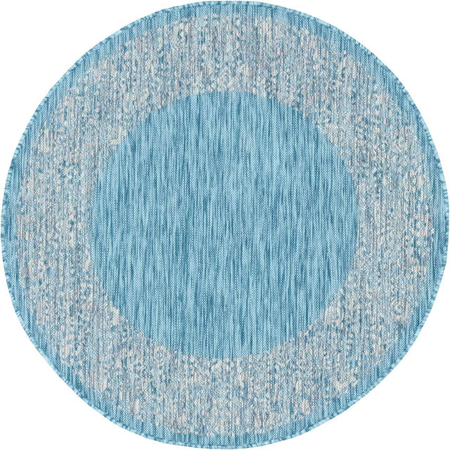 Aqua 4' 1 x 4' 1 Outdoor Border Round Area Rug Weather Resistant for Patio, Deck, Terrace, Balcony, Porch 100% Polypropylene Classic Bordered Carpet for Sale at Rug Engine