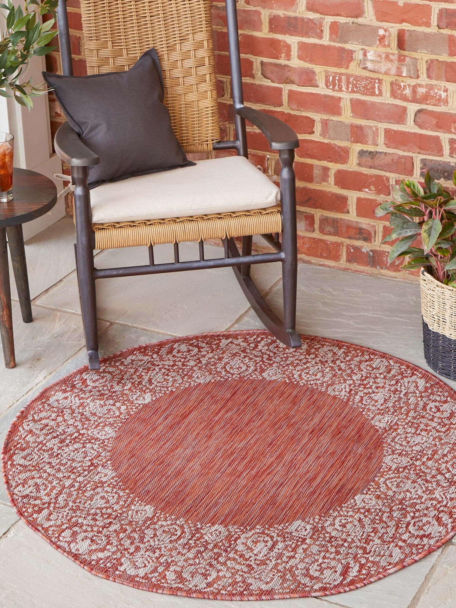 Rust Red 10' 8 x 10' 8 Outdoor Border Round Area Rug Weather Resistant for Patio, Deck, Terrace, Balcony, Porch 100% Polypropylene Classic Bordered Carpet for Sale at Rug Engine
