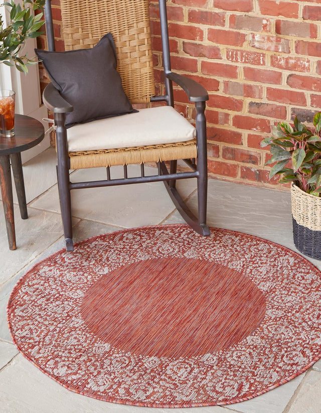 Rust Red 10' 8 x 10' 8 Outdoor Border Round Area Rug Weather Resistant for Patio, Deck, Terrace, Balcony, Porch 100% Polypropylene Classic Bordered Carpet for Sale at Rug Engine