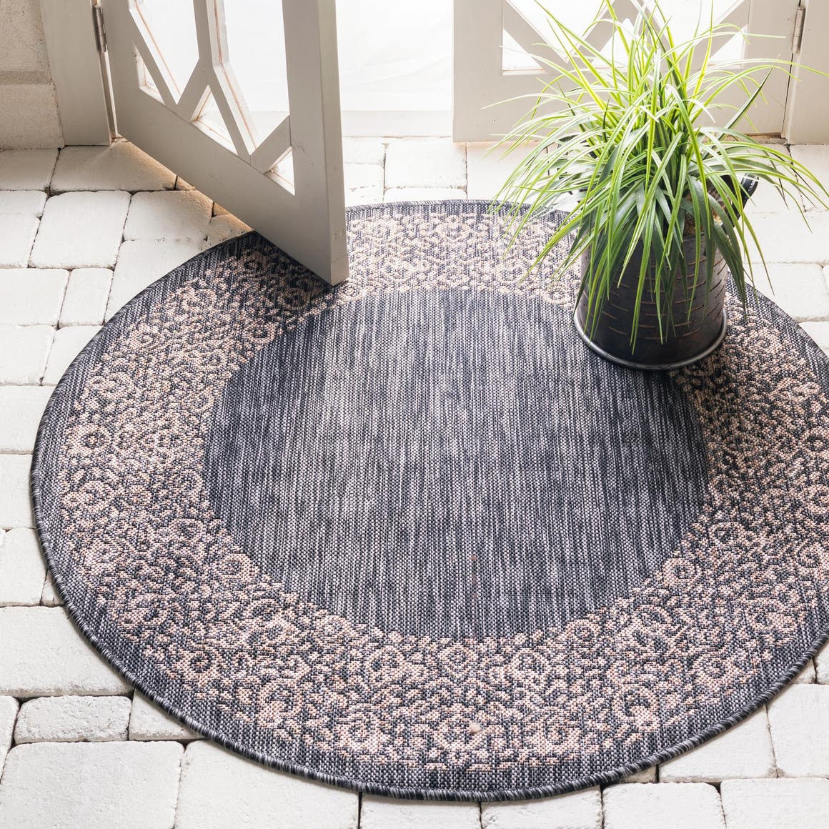 Charcoal Gray 4' 1 x 4' 1 Outdoor Border Round Area Rug Weather Resistant for Patio, Deck, Terrace, Balcony, Porch 100% Polypropylene Classic Bordered Carpet for Sale at Rug Engine