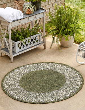Green 10' 8 x 10' 8 Outdoor Border Round Area Rug Weather Resistant for Patio, Deck, Terrace, Balcony, Porch 100% Polypropylene Classic Bordered Carpet for Sale at Rug Engine
