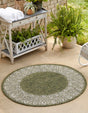 Green 4' 1 x 4' 1 Outdoor Border Round Area Rug Weather Resistant for Patio, Deck, Terrace, Balcony, Porch 100% Polypropylene Classic Bordered Carpet for Sale at Rug Engine