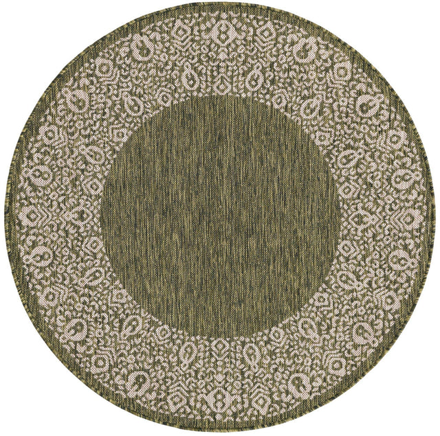 Green 4' 1 x 4' 1 Outdoor Border Round Area Rug Weather Resistant for Patio, Deck, Terrace, Balcony, Porch 100% Polypropylene Classic Bordered Carpet for Sale at Rug Engine