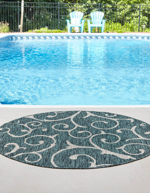 Teal 4' 1 x 4' 1 Outdoor Botanical Round Area Rug Weather Resistant for Patio, Deck, Terrace, Balcony, Porch Polypropylene Garden Floral Tropical Carpet for Sale at Rug Engine