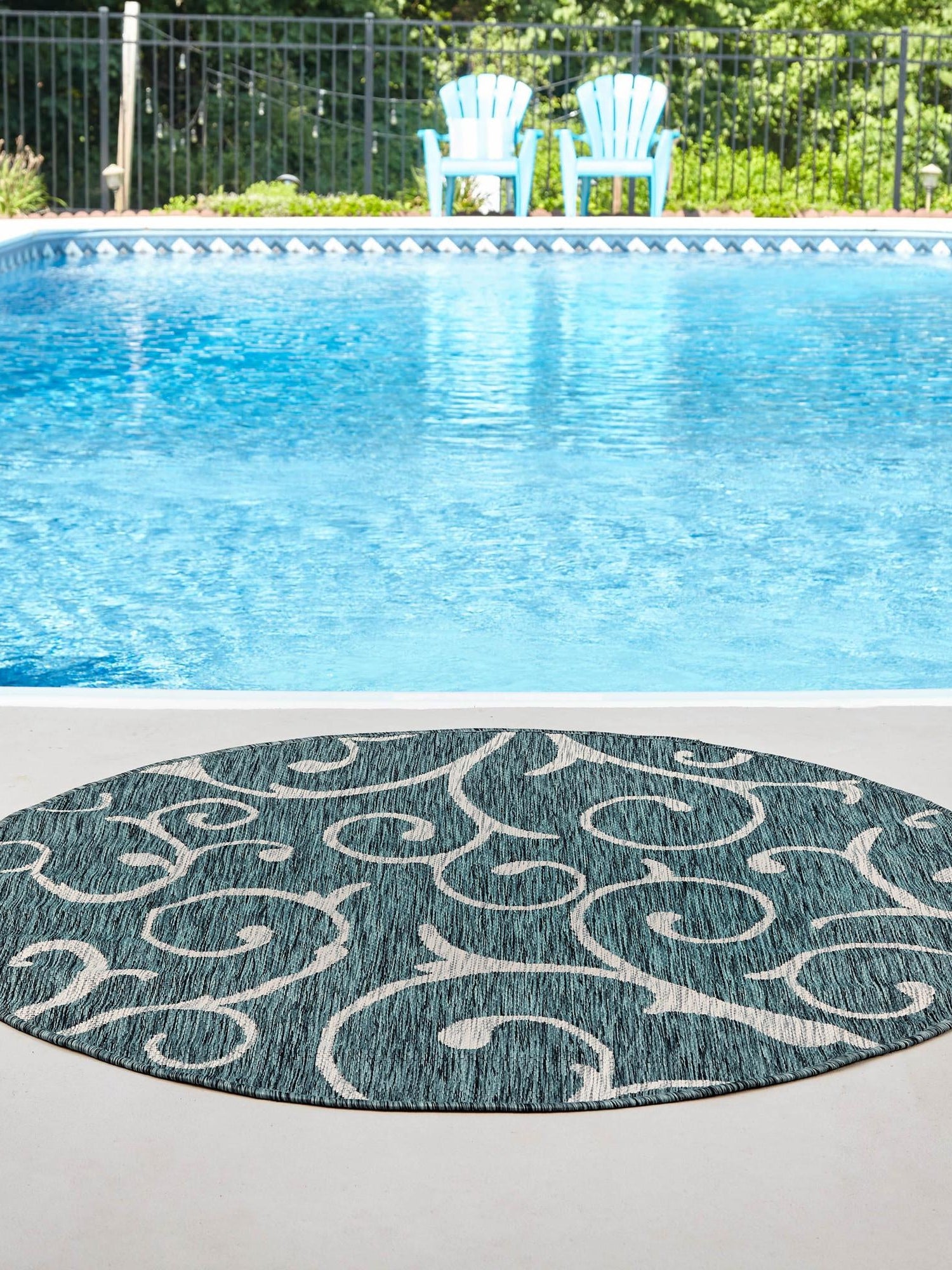 Teal 10' 8 x 10' 8 Outdoor Botanical Round Area Rug Weather Resistant for Patio, Deck, Terrace, Balcony, Porch Polypropylene Garden Floral Tropical Carpet for Sale at Rug Engine