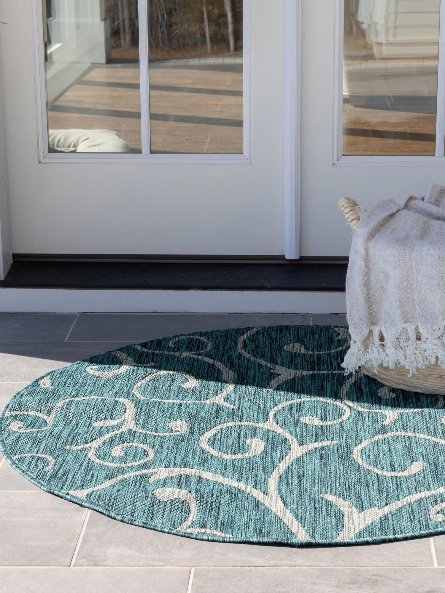 Teal 10' 8 x 10' 8 Outdoor Botanical Round Area Rug Weather Resistant for Patio, Deck, Terrace, Balcony, Porch Polypropylene Garden Floral Tropical Carpet for Sale at Rug Engine