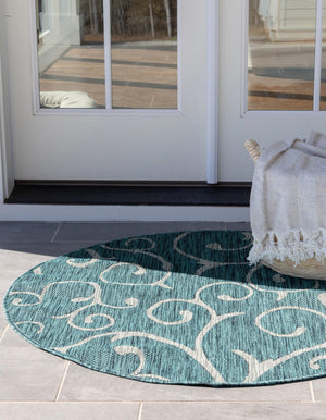 Teal 10' 8 x 10' 8 Outdoor Botanical Round Area Rug Weather Resistant for Patio, Deck, Terrace, Balcony, Porch Polypropylene Garden Floral Tropical Carpet for Sale at Rug Engine