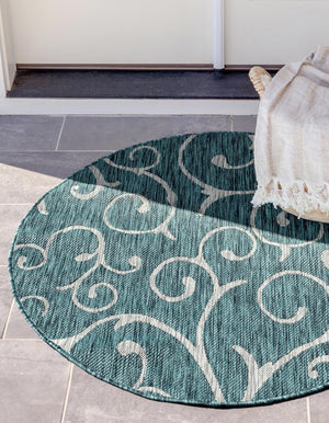 Teal 4' 1 x 4' 1 Outdoor Botanical Round Area Rug Weather Resistant for Patio, Deck, Terrace, Balcony, Porch Polypropylene Garden Floral Tropical Carpet for Sale at Rug Engine