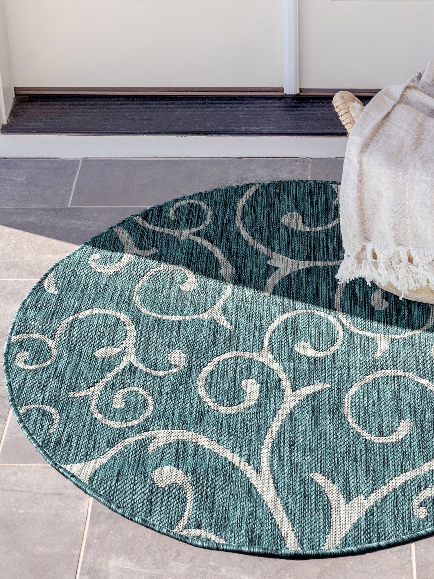 Teal 13' 1 x 13' 1 Outdoor Botanical Round Area Rug Weather Resistant for Patio, Deck, Terrace, Balcony, Porch Polypropylene Garden Floral Tropical Carpet for Sale at Rug Engine