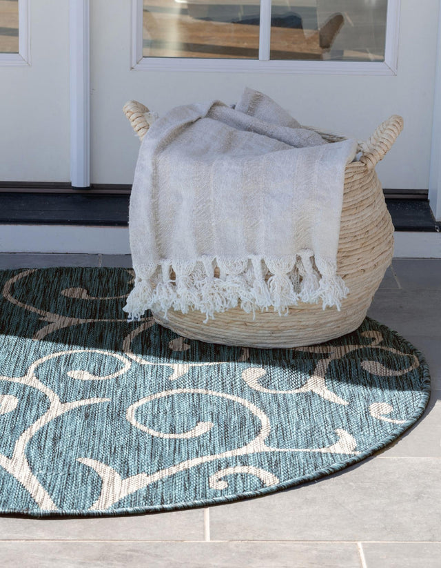 Teal 10' 8 x 10' 8 Outdoor Botanical Round Area Rug Weather Resistant for Patio, Deck, Terrace, Balcony, Porch Polypropylene Garden Floral Tropical Carpet for Sale at Rug Engine