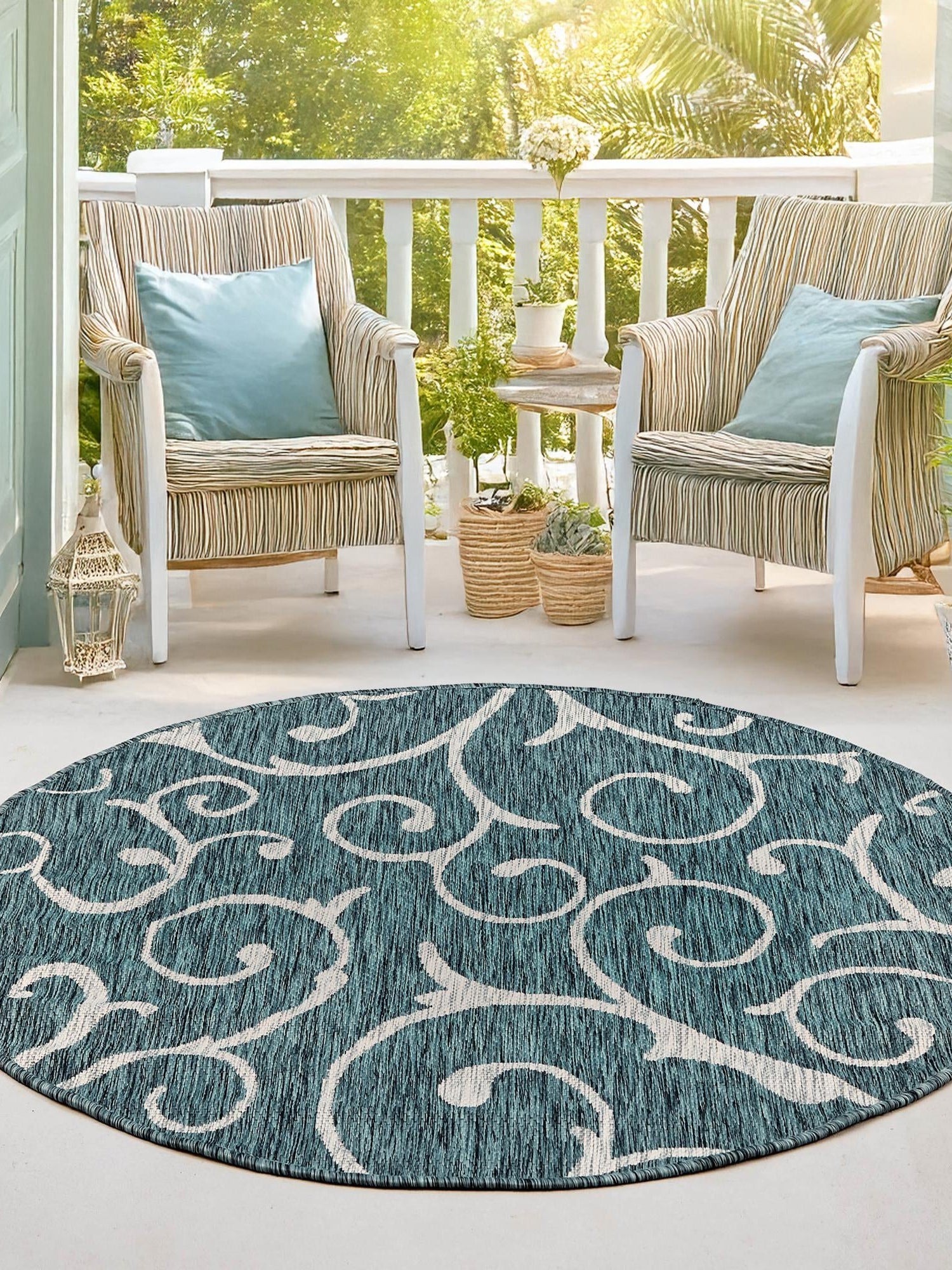 Teal 10' 8 x 10' 8 Outdoor Botanical Round Area Rug Weather Resistant for Patio, Deck, Terrace, Balcony, Porch Polypropylene Garden Floral Tropical Carpet for Sale at Rug Engine