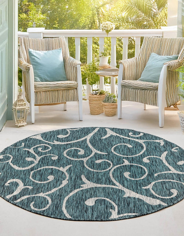 Teal 10' 8 x 10' 8 Outdoor Botanical Round Area Rug Weather Resistant for Patio, Deck, Terrace, Balcony, Porch Polypropylene Garden Floral Tropical Carpet for Sale at Rug Engine