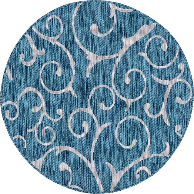 Teal 4' 1 x 4' 1 Outdoor Botanical Round Area Rug Weather Resistant for Patio, Deck, Terrace, Balcony, Porch Polypropylene Garden Floral Tropical Carpet for Sale at Rug Engine