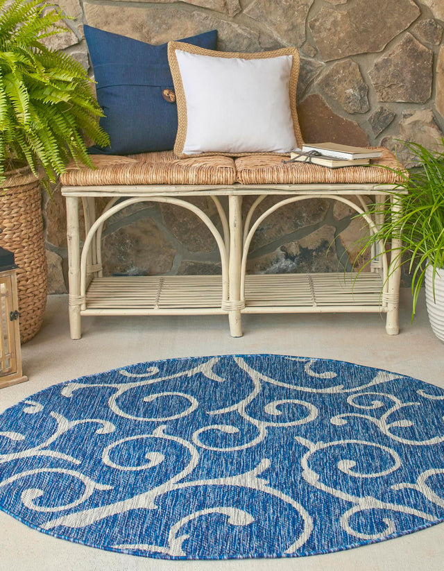 Blue 4' 1 x 4' 1 Outdoor Botanical Round Area Rug Weather Resistant for Patio, Deck, Terrace, Balcony, Porch Polypropylene Garden Floral Tropical Carpet for Sale at Rug Engine