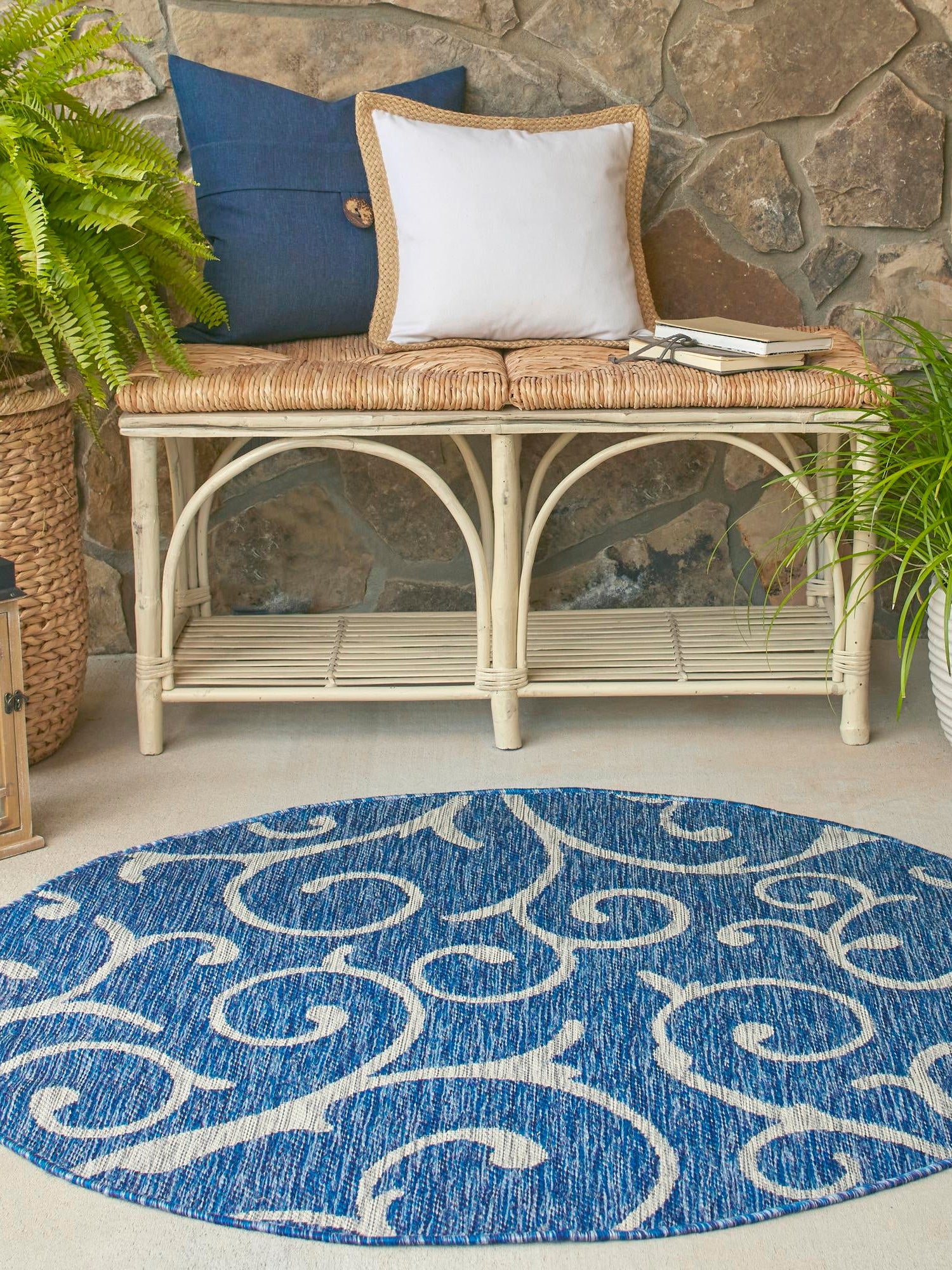 Blue 13' 1 x 13' 1 Outdoor Botanical Round Area Rug Weather Resistant for Patio, Deck, Terrace, Balcony, Porch Polypropylene Garden Floral Tropical Carpet for Sale at Rug Engine