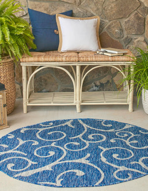 Blue 10' 8 x 10' 8 Outdoor Botanical Round Area Rug Weather Resistant for Patio, Deck, Terrace, Balcony, Porch Polypropylene Garden Floral Tropical Carpet for Sale at Rug Engine