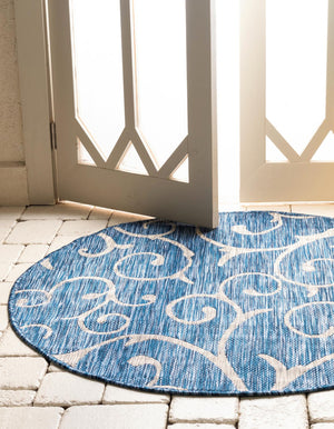 Blue 4' 1 x 4' 1 Outdoor Botanical Round Area Rug Weather Resistant for Patio, Deck, Terrace, Balcony, Porch Polypropylene Garden Floral Tropical Carpet for Sale at Rug Engine
