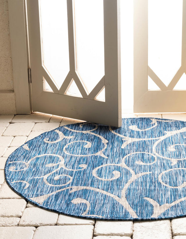 Blue 13' 1 x 13' 1 Outdoor Botanical Round Area Rug Weather Resistant for Patio, Deck, Terrace, Balcony, Porch Polypropylene Garden Floral Tropical Carpet for Sale at Rug Engine
