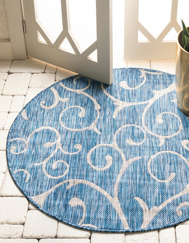 Blue 13' 1 x 13' 1 Outdoor Botanical Round Area Rug Weather Resistant for Patio, Deck, Terrace, Balcony, Porch Polypropylene Garden Floral Tropical Carpet for Sale at Rug Engine