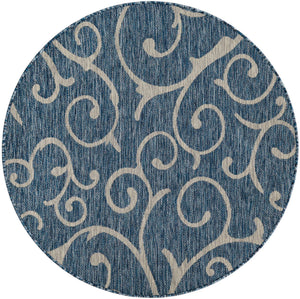 Blue 4' 1 x 4' 1 Outdoor Botanical Round Area Rug Weather Resistant for Patio, Deck, Terrace, Balcony, Porch Polypropylene Garden Floral Tropical Carpet for Sale at Rug Engine