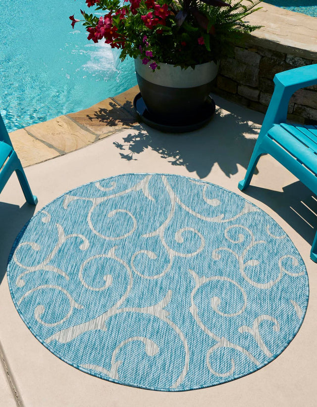 Light Aqua 10' 8 x 10' 8 Outdoor Botanical Round Area Rug Weather Resistant for Patio, Deck, Terrace, Balcony, Porch Polypropylene Garden Floral Tropical Carpet for Sale at Rug Engine