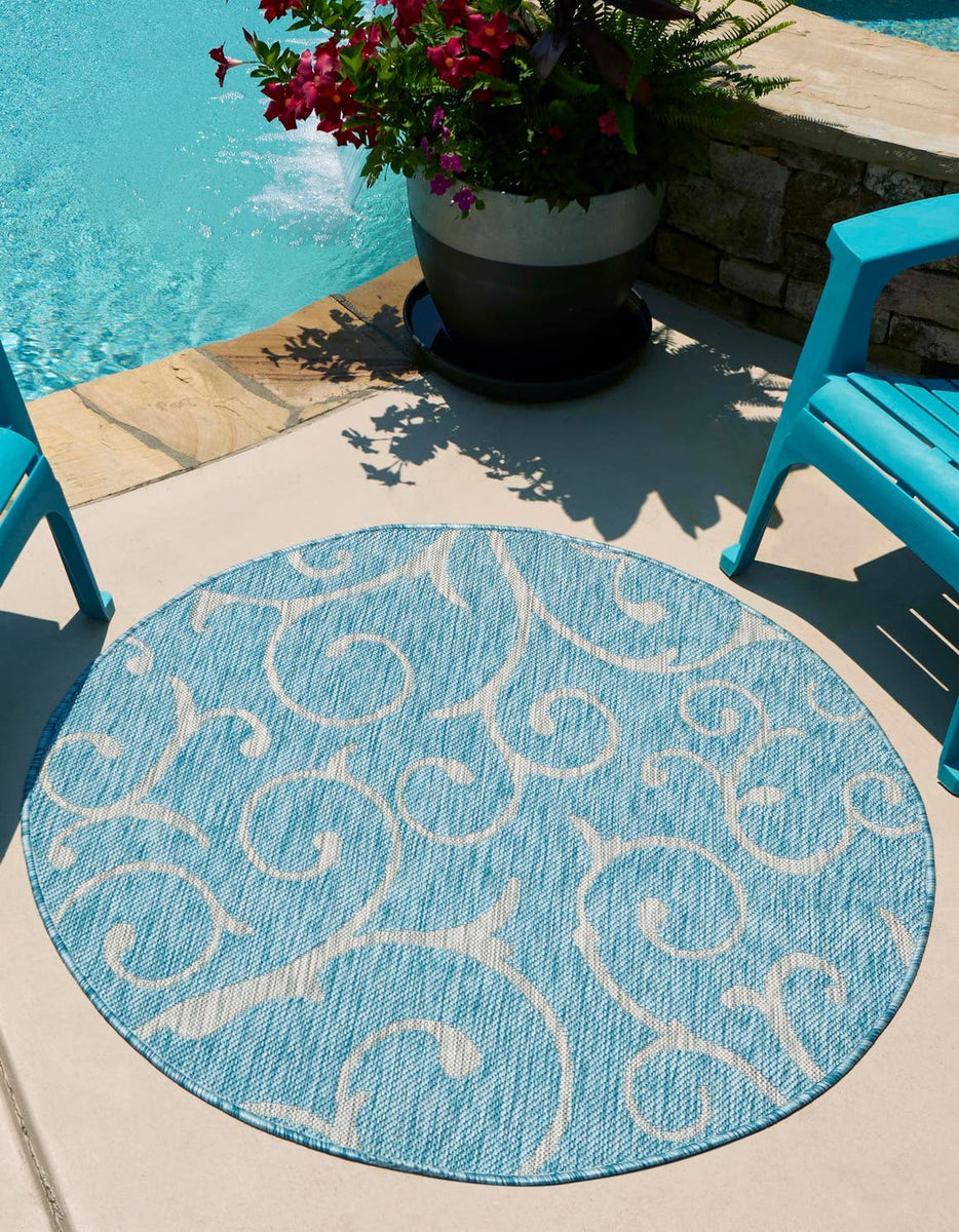 Light Aqua 4' 1 x 4' 1 Outdoor Botanical Round Area Rug Weather Resist ...