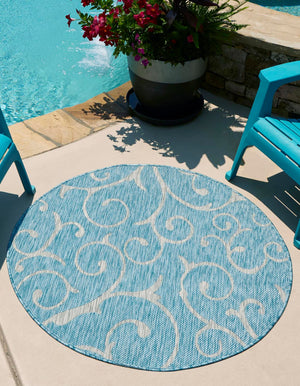 Light Aqua 4' 1 x 4' 1 Outdoor Botanical Round Area Rug Weather Resistant for Patio, Deck, Terrace, Balcony, Porch Polypropylene Garden Floral Tropical Carpet for Sale at Rug Engine