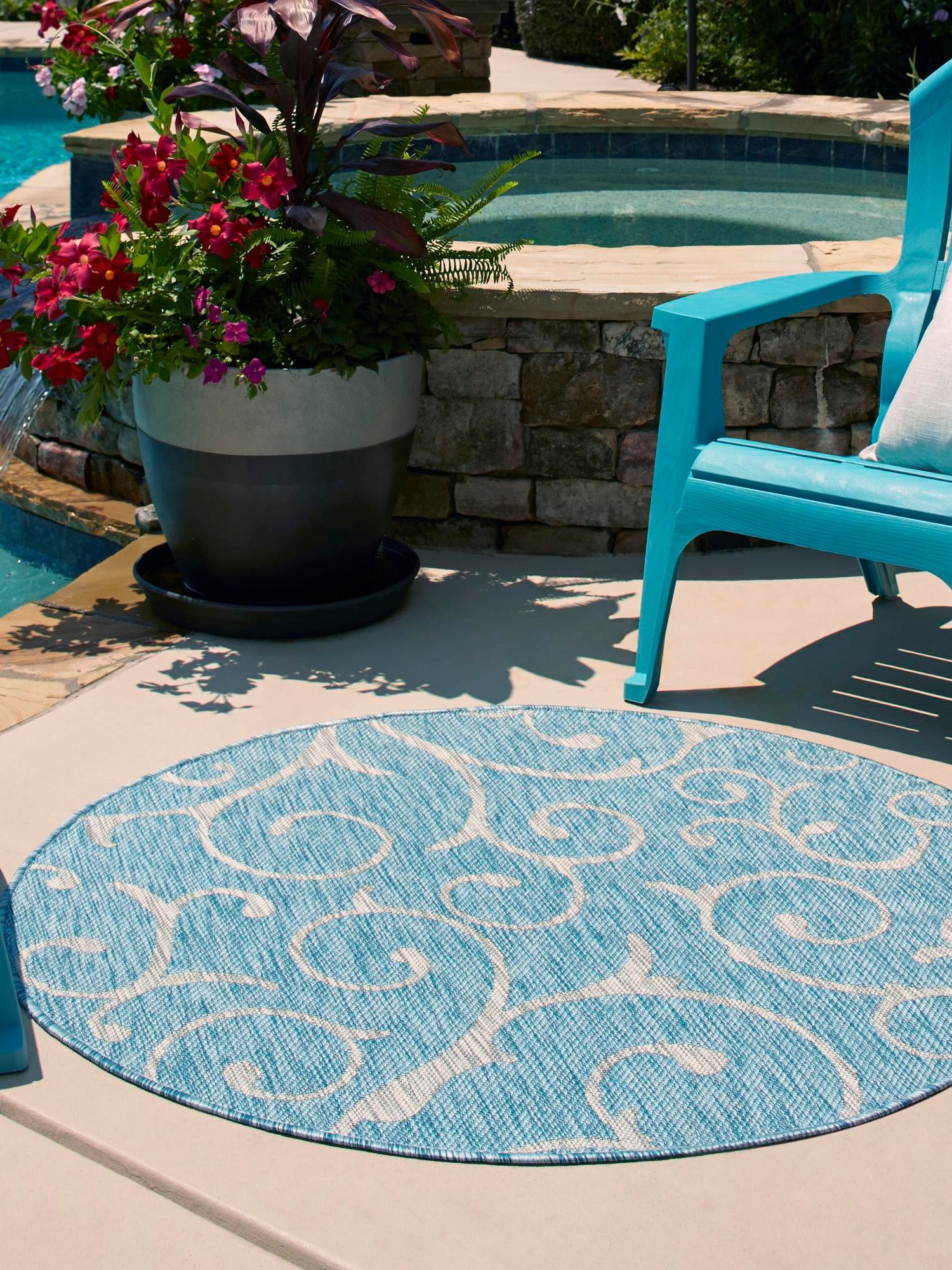 Light Aqua 13' 1 x 13' 1 Outdoor Botanical Round Area Rug Weather Resistant for Patio, Deck, Terrace, Balcony, Porch Polypropylene Garden Floral Tropical Carpet for Sale at Rug Engine