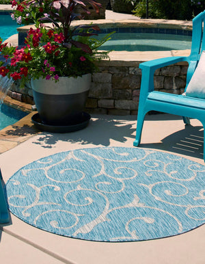 Light Aqua 13' 1 x 13' 1 Outdoor Botanical Round Area Rug Weather Resistant for Patio, Deck, Terrace, Balcony, Porch Polypropylene Garden Floral Tropical Carpet for Sale at Rug Engine